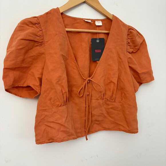 Levi’s Linen Cotton Puff Sleeve Blouse Sz L Rust Burnt Orange Button Front Top - Picture 3 of 10